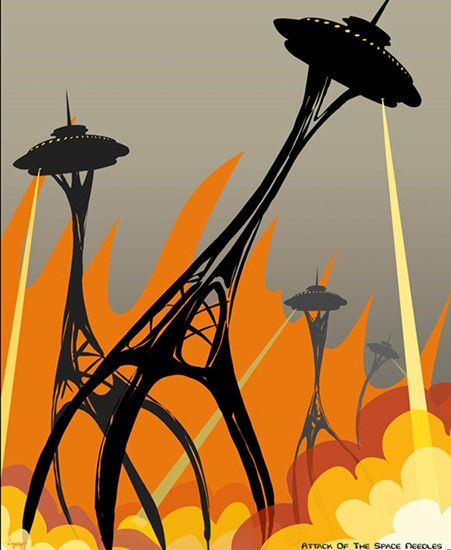 Image of "ATTACK OF THE SPACE NEEDLES" by Vikram Madan, Print (16"x20")