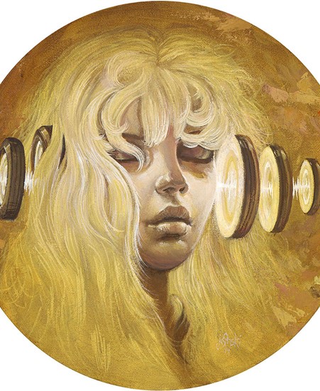 Image of "LISTENING TO THE CRITICS" by Aaron Jasinski, Original/Print (12" x 12" ROUND)