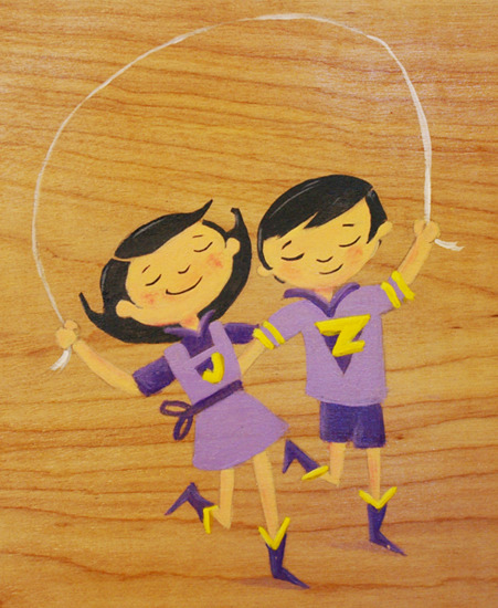 Image of "Super Playdate" by Suzanne Kaufman- Original on Wood (8" x 12")